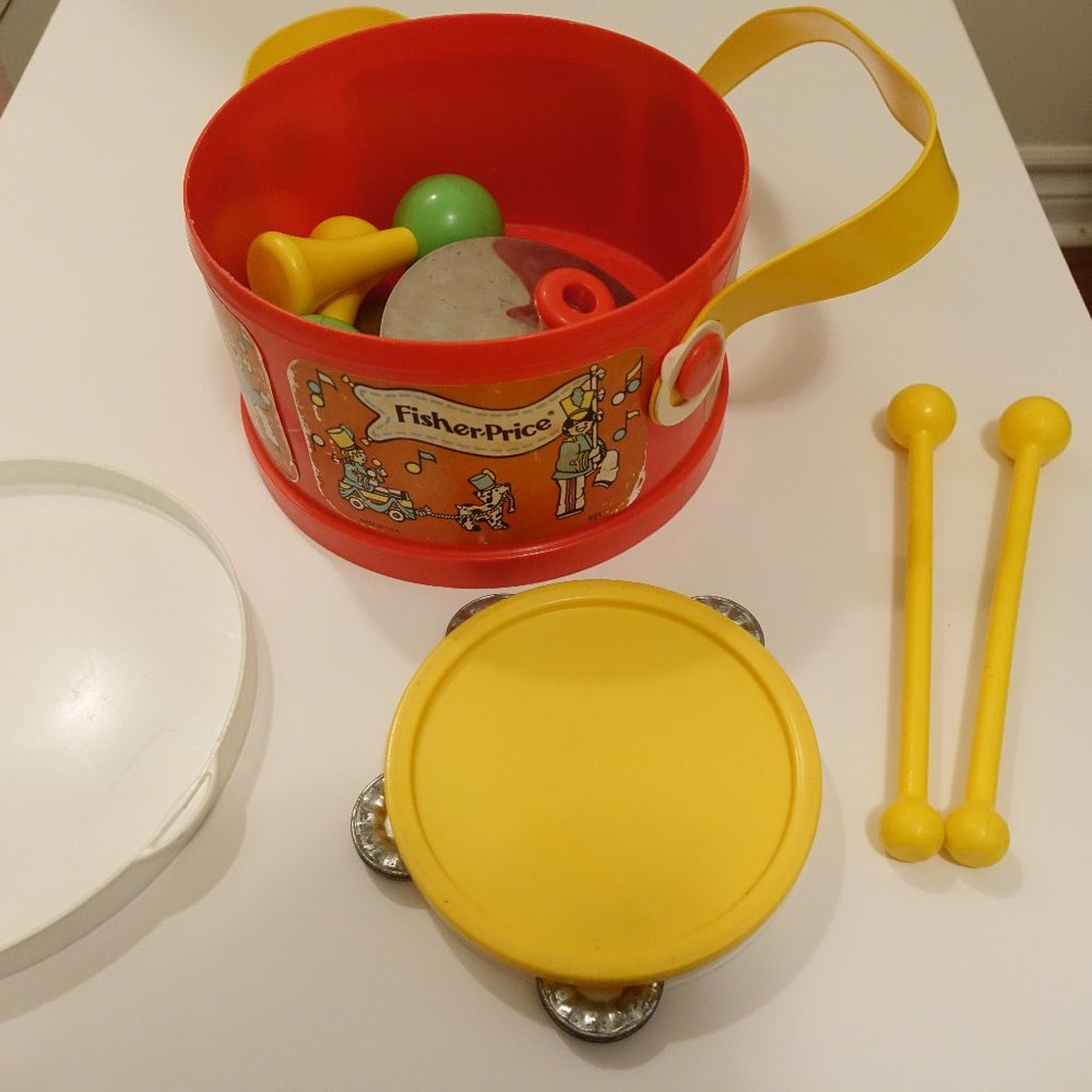 1979 Vintage Fisher Price Toy Marching Band Drum and Percussion Set
